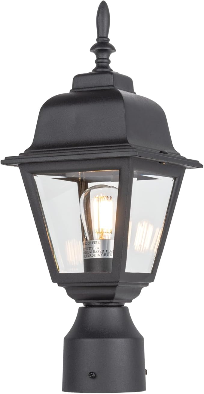 LIT-PaTH Outdoor Post Lighting Fixture Pole Lantern E26 Medium Base Max 60W Aluminum Housing Plus Clear Glass Bulb Not Included Matte Black Finish 1-Pack
