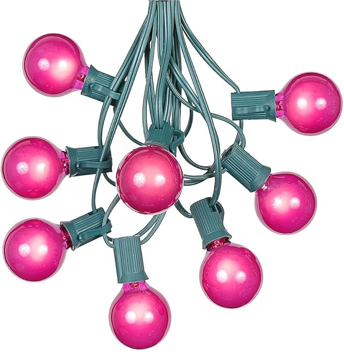 G40 Patio String Lights with 25 Pink Globe Bulbs - Hanging Garden String Lights - Vintage Backyard Patio Lights - Outdoor String Lights - Market Cafe String Lights - Green Wire - 25 Foot