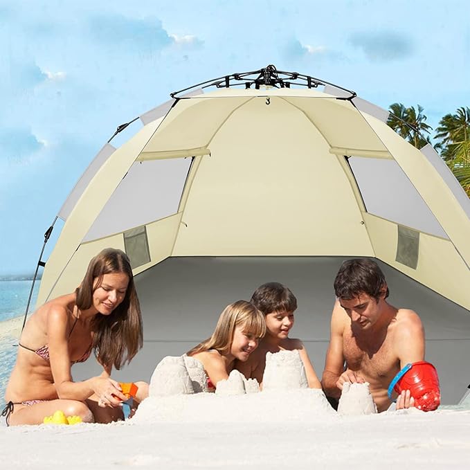 Oileus X-Large 4 Person Beach Tent Sun Shelter - Portable Sun Shade Instant Tent for Beach with Carrying Bag Stakes 6 Sand Pockets Anti UV for Fishing Hiking Camping Waterproof Windproof Khaki