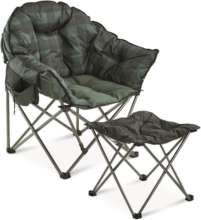 Guide Gear Club Camping Chair Oversized Portable Folding with Padded Seats 500-lb. Capacity Green Plaid