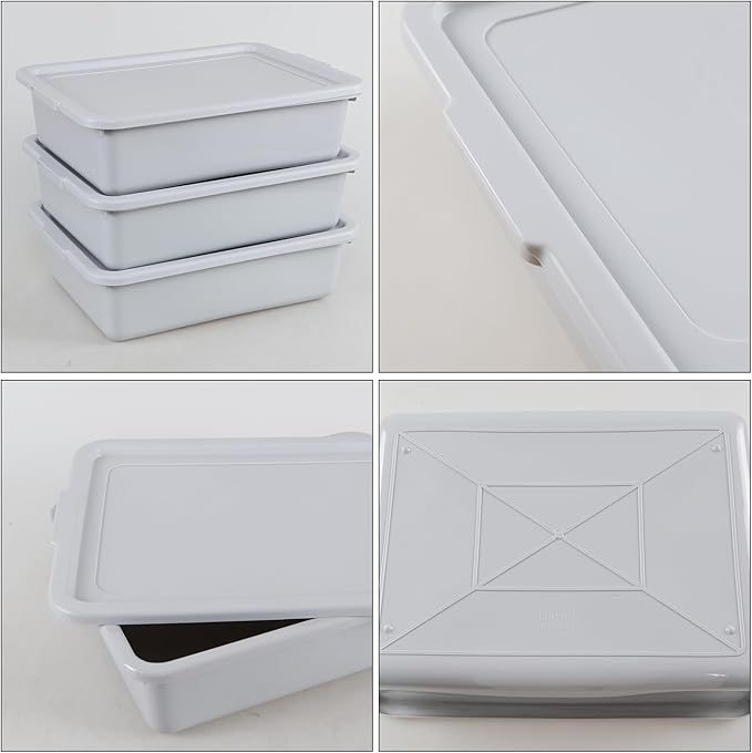 3 Packs 15 L Plastic Bus Tubs with Lids Commercial Bus Box Gray