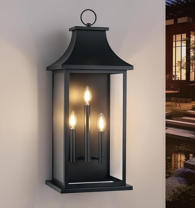 tewei 28'' Large Outdoor Wall Light Porch Light Outdoor Wall Sconce Lantern 3-Light Black Exterior Lighting Fixture Wall Mount Outside Light for House Garage 1-Pack