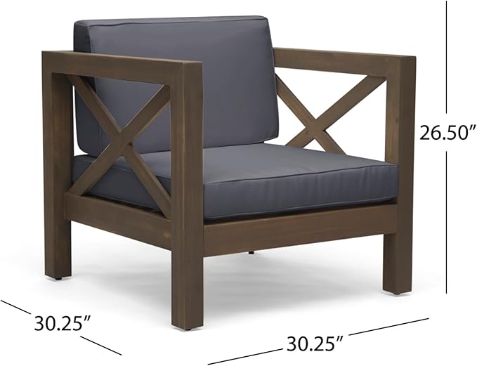 Mid-Century Modern Outdoor Club Chair with Acacia Wood Frame and Water-Resistant Cushions for Patio Garden Backyard Seating (Gray)
