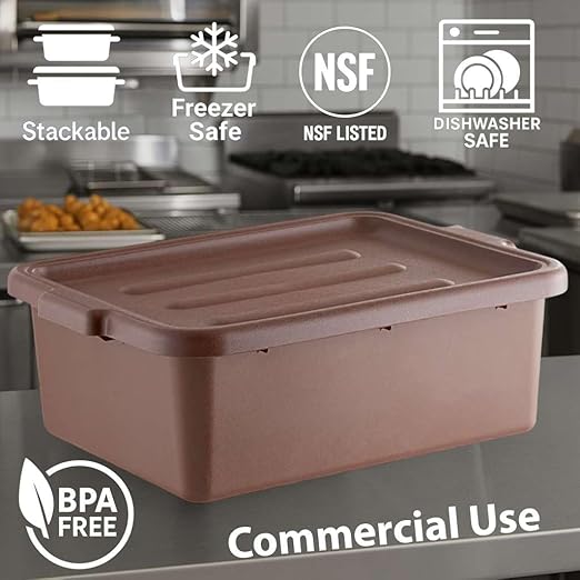 3-Pack 20 x 15 x 7 Commercial Bus Tub/Bus Box - 9 Gallons with Lid - Stackable Dish Storage Boxes for Home Kitchen Pantry or Garage Organization – Heavy-Duty and Freezer-Safe - Brown