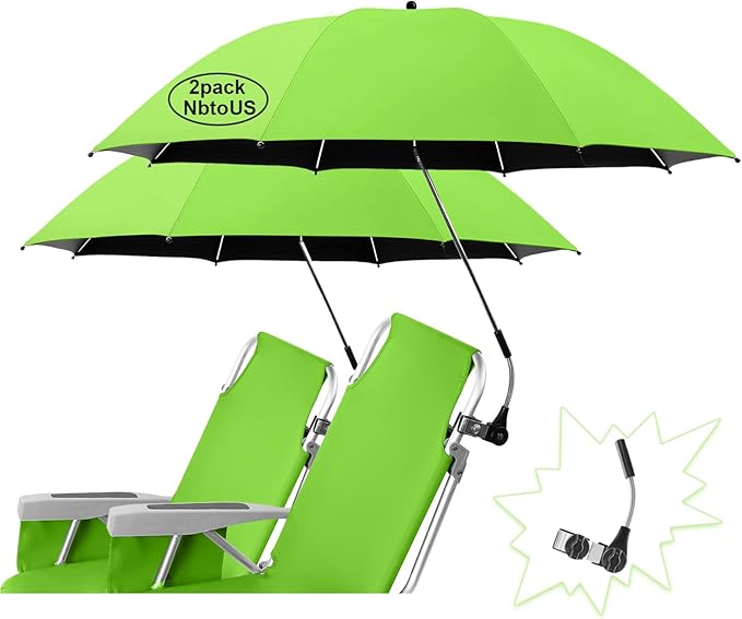 2PCS UPF50+ Chair Umbrella with 360°Universal Adjustable Clamp Beach Chair with Umbrella Beach Umbrella with UV Protection for Outdoor Camping Patio Chairs Wheelchair Trolley (Green Not