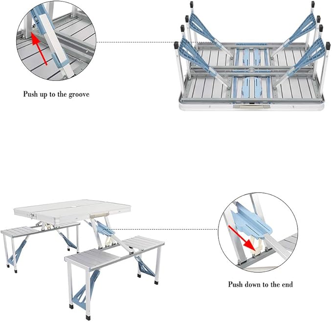 Vasitelan Folding Camping Picnic Table with Seats/Umbrella Hole Lightweight and Fold Up Card Suitcase Table Aluminum Alloy Frame RV Tabletop with Soft Handle (Style 1)