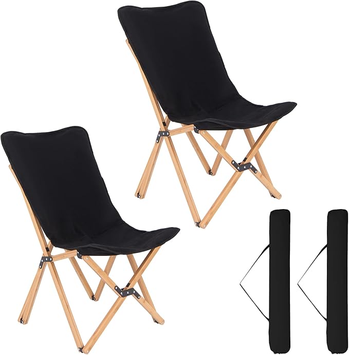 Giantex Camping Chairs 2 Pack Folding Beach Chairs for 330lbs Outdoor Butterfly Chair Portable Lawn Chairs for Picnic Fishing Hiking Mountaineering Lightweight Bamboo Frame No Assembly (Black)