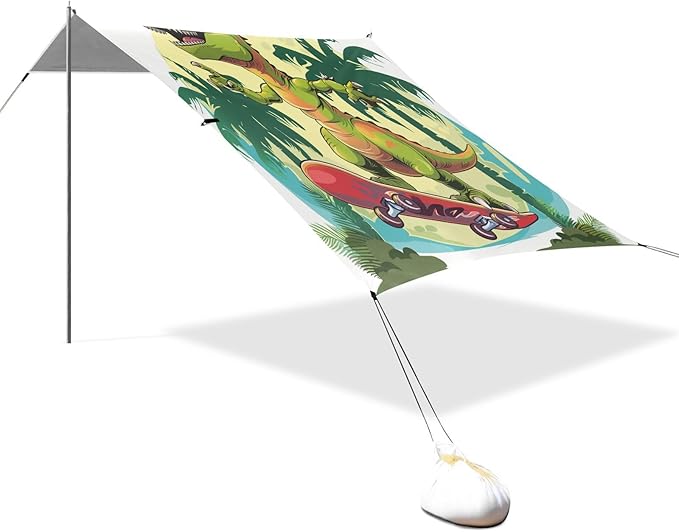 ALAZA Dinosaur Skateboard Funny Beach Tent Sun Shelter UPF50+ Protection Beach Shade Canopy w/ 4 Sandbags for Outdoor Camping Fishing Backyard Fun Picnic 10x9 ft