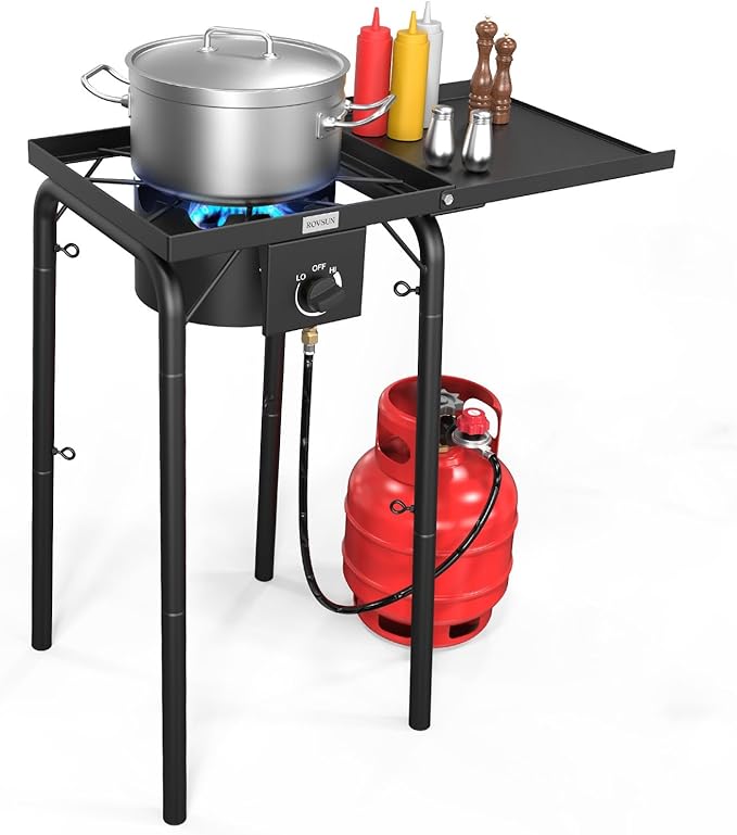 ROVSUN Single Burner Gas Stove with Side Shelf 100000BTU Portable Propane Stove with Removable Leg &amp Regulator for Camping Home Backyard Outdoor Cooking Brewing Canning Turkey Frying