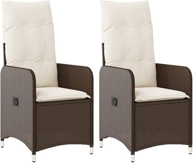 Reclining Garden Chair Set of 2 Brown All Weather Poly Rattan Patio Recliner with Adjustable Backrest 23x21.5x36.2 in Outdoor Lounge for Balcony Deck Terrace