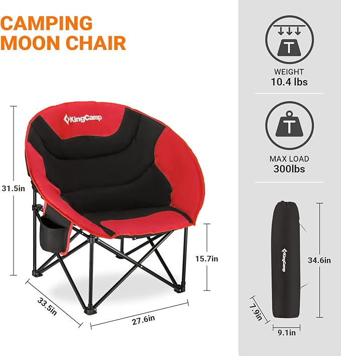KingCamp Foldable Saucer Moon Lounge Chair with Cupholder Storage Pocket for Indoor Home or Outdoor Camping and Tailgating Use Black/Red