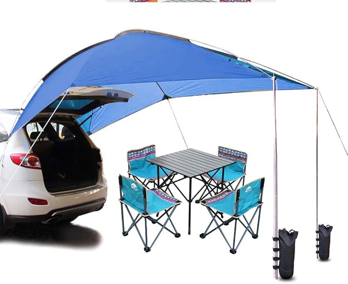 PlayDo Waterproof Teardrop Trailer Awning Portable Car SUV Awning Tent Sun Shelter Canopy for Camping 4 Persons (Blue01)