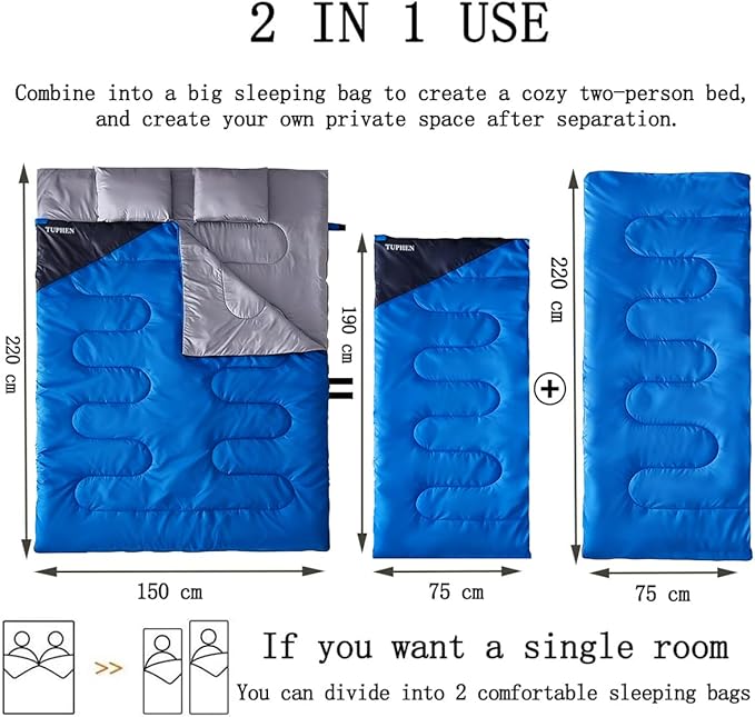 Tuphen Double Sleeping Bag Sleeping Bag with 2 Pillows Queen Size XL Bag for 2 People Cold Warm Weather- 3 Seasons Waterproof Adults for Camping Backpacking or Hiking