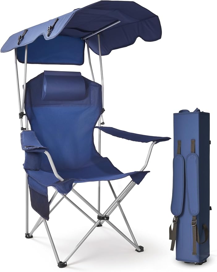East Oak Camping Chair with Canopy | 25'' High Back Folding Beach Chair with Canopy Shade Removable Headrest Cup Holder Side Pocket 330 lbs Heavy Duty for Sports Events Fishing