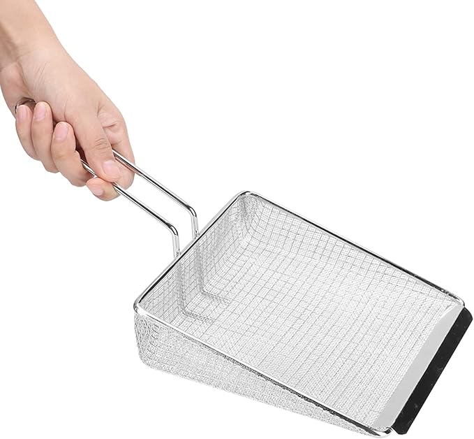 Multi Function Stainless Steel Frying Shovel Kitchen Mesh Scooper Strainer for French Fries Deep Fry Filter with Long Heat Handle for Home and Restaurant Use