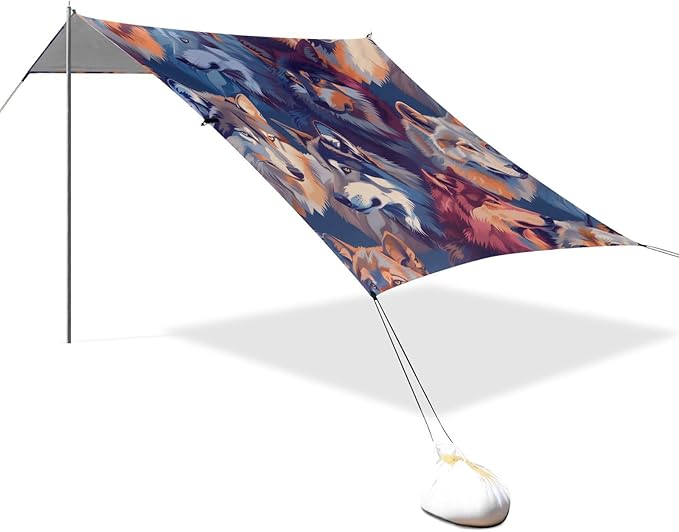 Wolves Colorful Beach Tent Sun Shelter 9.2' x 10.5' Beach Canopy with 4 Sandbags 4 Stability Poles Sand Shovels - Tent Canopy for Beach Camping Fishing Picnics