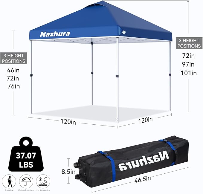 Nazhura 10' x 10' Pop Up Canopy Tent with Sand Weight Bag Freestanding Sun Shelter for Picnic and Camping One Person Setup and Height Adjustable (Blue)