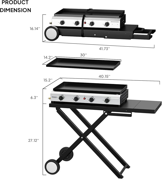 ROVSUN 4 Burner Foldable Propane Griddle with Wheels &amp Enameled Tray 40000 BTU Portable Flat Top Gas Grill with Electronic Ignition &amp Regulator for Outdoor Cooking Camping BBQ Tailgating Picn