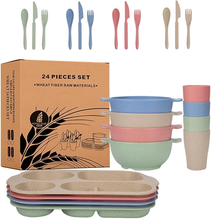 24 Pcs Wheat Straw Dinnerware Cutlery SetsUnbreakable Divided Plates Bowls Cups Spoon Knife Fork for 4 PeopleMicrowave Dishwasher Safe Tableware Cutlery for Party and Daily UseMix Color 3