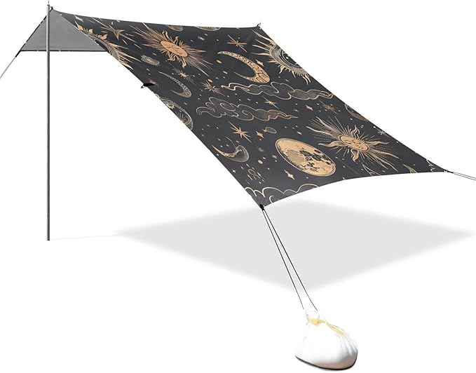 ALAZA Sun Crescent Moon Cloud Beach Tent Sun Shelter UPF50+ Protection Beach Shade Canopy w/ 4 Sandbags for Outdoor Camping Fishing Backyard Fun Picnic 10x9 ft