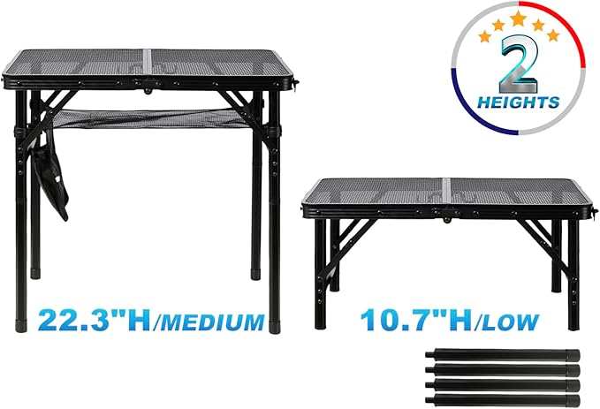 Small Floding Grill Table with Mesh Layer 2 Height Adjustable Portable &amp Lightweight Metal Camping Table for Outdoor Beach &amp BBQ - Compact (2 FT Black)