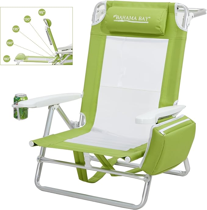Old Bahama Bay Backpack Beach Chair Aluminum Lightweight Reclining 5-Position Lounge Chair for Adults Heavy Duty Support 400 LBS Portable Folding with Cooler Bag Camping Chair for Sand Outdoor