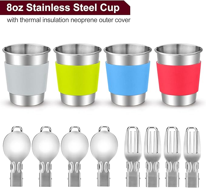 Odoland 22pcs Camping Cookware Mess Kit Large Size Hanging Pot Pan Kettle with Base Cook Set for 4 Cups Dishes Forks Spoons Kit for Outdoor Camping Hiking Picnic