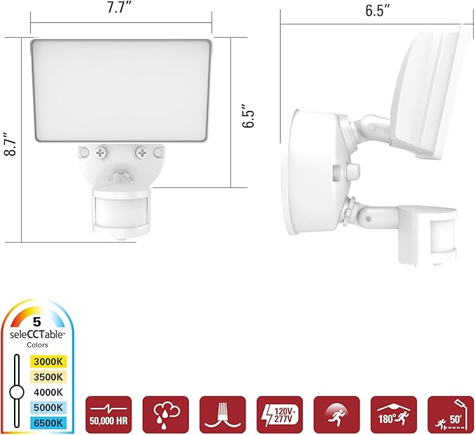 HALO FGS Ultra Bright Outdoor LED Security Floodlight 120-227V w/CCT &amp Lumen Select Motion Activation - White FGS60CLMTNW