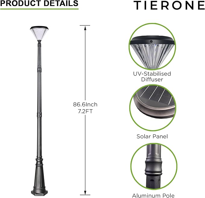 TIERONE 7.2FT LED Post Solar Light Dusk to Dawn Landscape Pathway 1-Head Pole Light IP65 Waterproof 3000K Warm White Outdoor Street Lights for Lawn Patio Yard Pathway Garden