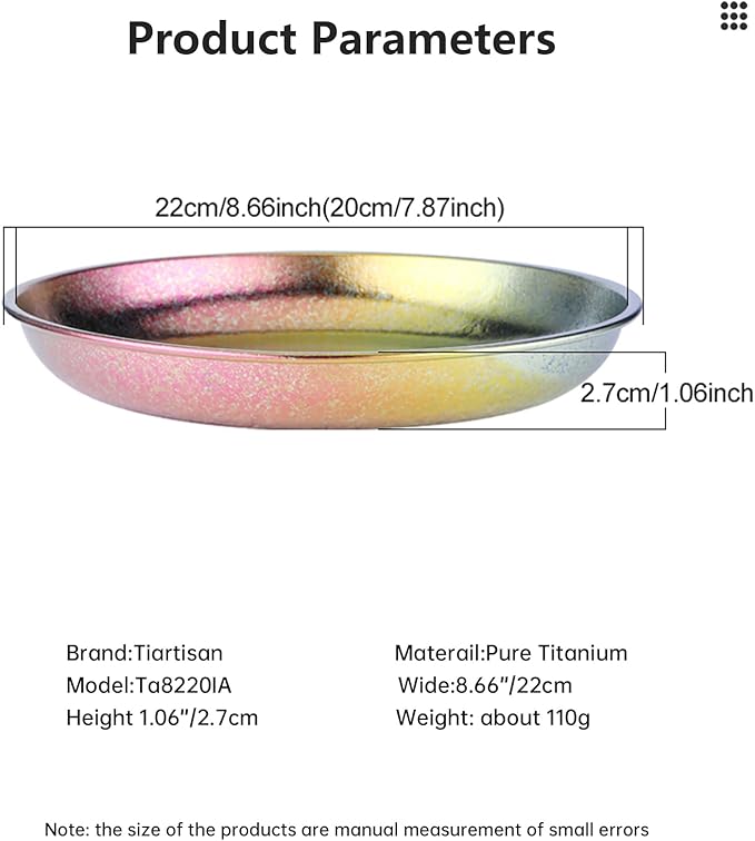 Titanium Camping Plate Titanium Pan Dish Plate Lightweight Round Dinnerware Tableware Cooking Utensils Pasta Plates Bowl 27fl oz(TA8220IA)