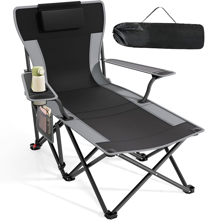 Suteck Camping Chair with Foot Rest Lightweight Foldable Beach Chairs Black-Gray