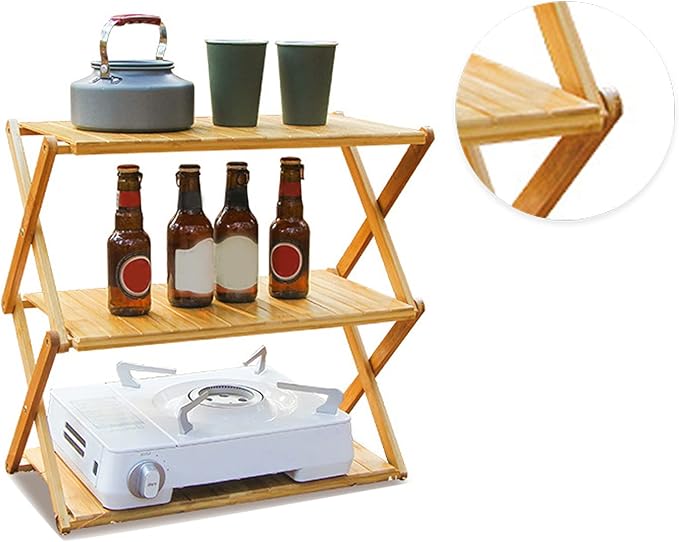 Wood Rack Portable Strong Bearing Capacity Folding Wooden Shelf for Outdoor Picnic 3 Layer Down Into Lightweigh Wood RackFolding Wooden ShelfCamping Portable Folding ShelfFolding (3 Layers)