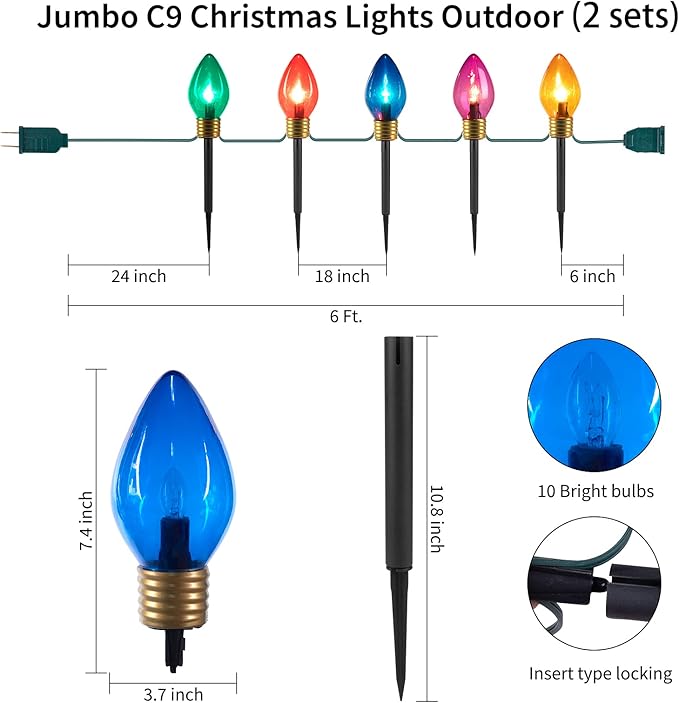 2 Pack Christmas Lights Jumbo C9 Outdoor Lawn Decorations with Pathway Marker Stakes Total 21Ft 10 LED C7 Lights Covered Jumbo Glitter Multicolor Bulb for Holiday Outside Yard Garden Decor