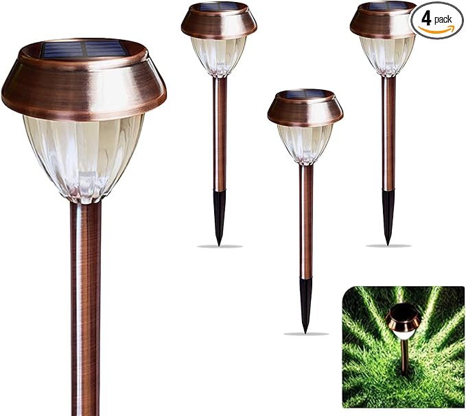 Vintage Solar Lights Outdoor Glass &amp Metal Solar Pathway Lights 4 Pack IP65 Waterproof Cool White Garden Lights for Walkway Yard Patio Driveway