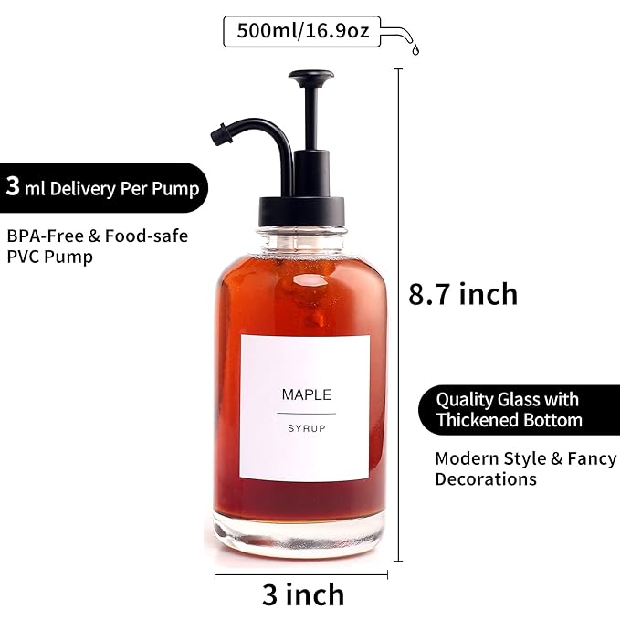 Glass Syrup Pump Bottle Dispenser for Coffee Bar Accessories with 84 Labels (Set of 2) 16.9 oz Matte Black