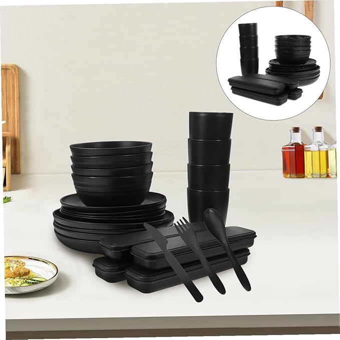 Black 20pcs Dinnerware Set for 4 Includes Bowl Plate Cup Fork Spoon Knife Sturdy Camping Cutlery Utensils for Picnic and Outdoor Dining