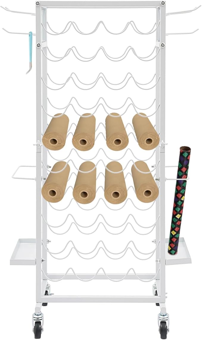 Mobile Vinyl Roll Holder Cart 40 Compartments Vinyl Storage Organizer with 6 Hooks &amp Extra Paper Roll Organizer Tray on 2 Side Vinyl Storage Rack with Wheels for Craft Room (White)