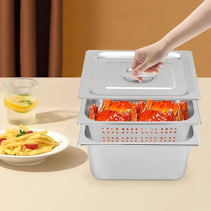 1 Set 1/2 Size Stainless Steel Steam Hotel Pan Steam Table Pan Food Service Pan for Party Kitchen Restaurant Hotel w/Perforated Pan + Lid