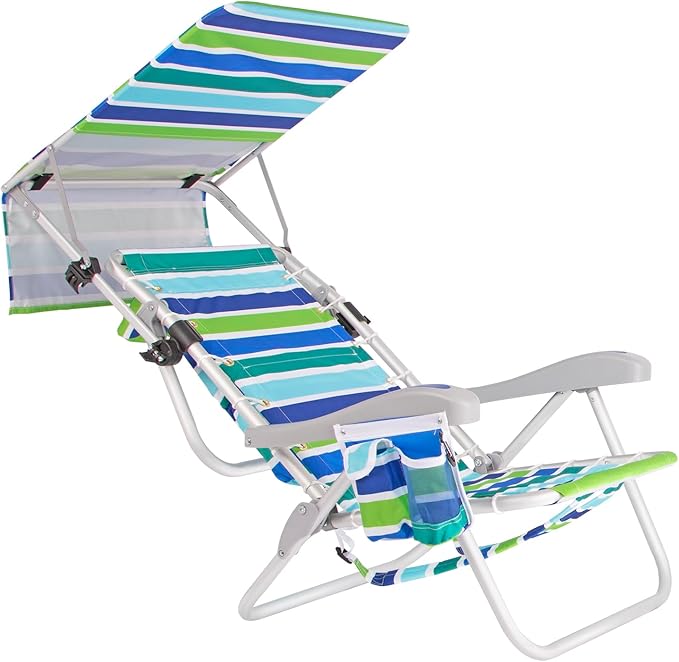 Ultimate Heavy Duty Aluminum Lace-Up Folding Backpack Beach Chair for Adults | Low Seat Lay Flat 5 Reclining Positions | Removable Insulated Cooler Pouch &amp Canopy for UV Protection