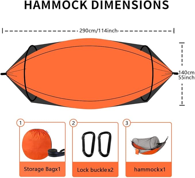 Camping Hammock with Mosquito Net - Double &amp Single Portable Hammocks with 2 Tree Straps Lightweight Hammock Tent for Outdoor Camping Hiking Backpacking Beach &amp Backyard (Orange)