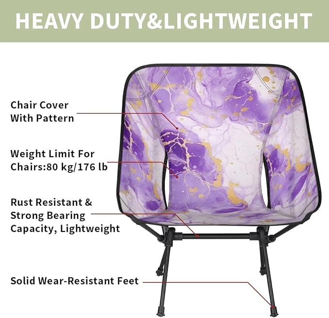 Pardick Portable Camping Chair Purple Gold Marble Ultralight Folding Camping Chair Fantastic Marble Backpacking Hiking Chair with Cup Holder for Outdoor Travel Beach Picnic Festival 176 lbs Capacity