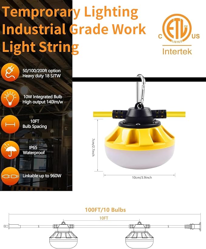 100FT LED Construction String Lights 10 Bulbs10000LMIndustrial GradeWeatherproof Linkable 5000K Super Bright for Job Sites Mining Patios &amp Outdoor WorkFree for Climbing Hook 2Prong