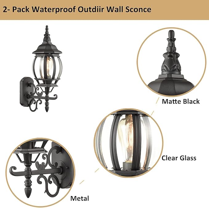 HOLKIRT 2-Pack Outdoor Wall Lantern Waterproof Exterior Wall Sconce Light Matte Black for Porch Garage Doorway