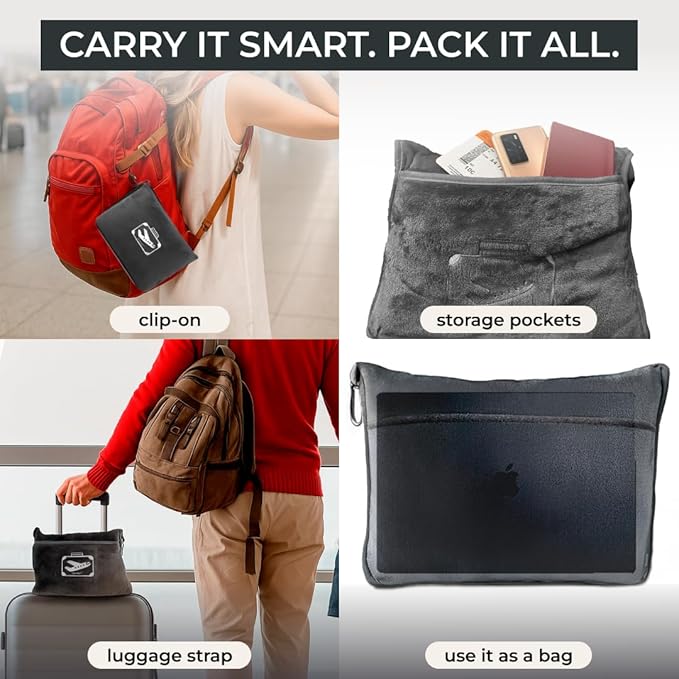 FlyHugz Grey Travel Blanket &amp Pillow Set (59.1x47.2) with Carry Case Luggage Sleeve &amp Clip – Portable Lightweight Breathable &amp Washable – Perfect for Plane Car Camping &amp Travel