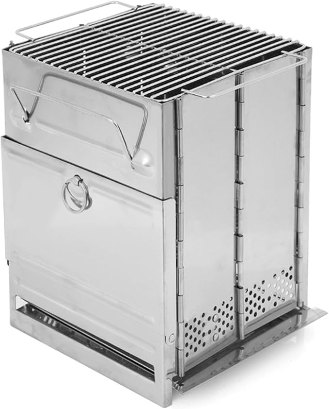 Camping Wood Stove Foldable Stainless Steel Portable Wood Burning Stove Portable Grill Charcoal Mini Outdoor Cooking for Hiking Backpacking BBQ