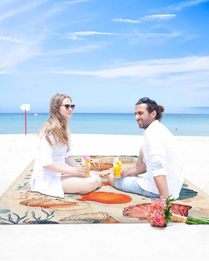 Summer Beach Beach Blanket Waterproof Sandproof Orange White Blue Seashell Vintage Coastal Beach Mat Quick Drying Outdoor Picnic Mat 83 x 79 for 1-4 Adults Essentials for Travel Camping Hiking