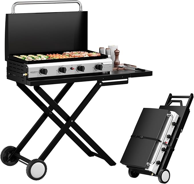 ROVSUN 4 Burner Foldable Propane Griddle with Wheels Enameled Tray &amp Lid 40000 BTU Portable Rolling Flat Top Gas Grill with Electronic Ignition &amp Regulator for Outdoor Cooking Camping BBQ Ta