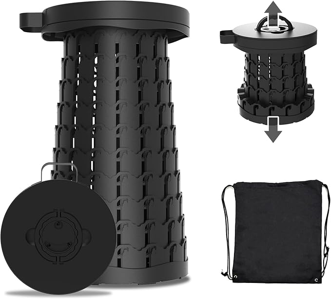 Upgraded Collapsible Stool with Max Load Capacity 330lbs Portable Telescoping &amp Folding Design Retractable Seat for Camping Gardening Fishing &amp Outdoor Adventures (Black)