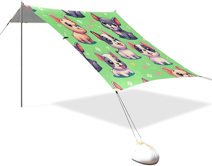 Cartoon French Bulldog Green Camping Sun Shelter Beach Tent Portable Beach Sun Shade Outdoor Canopy for Camping Trips Fishing Picnic