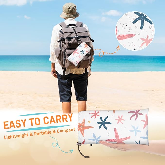 Waterproof Sandproof Beach Blanket 59''×68'' Starfish Polyester Outdoor Picnic Blanket with 4 Stakes &amp Storage Bag for BeachCampingVacation White Background